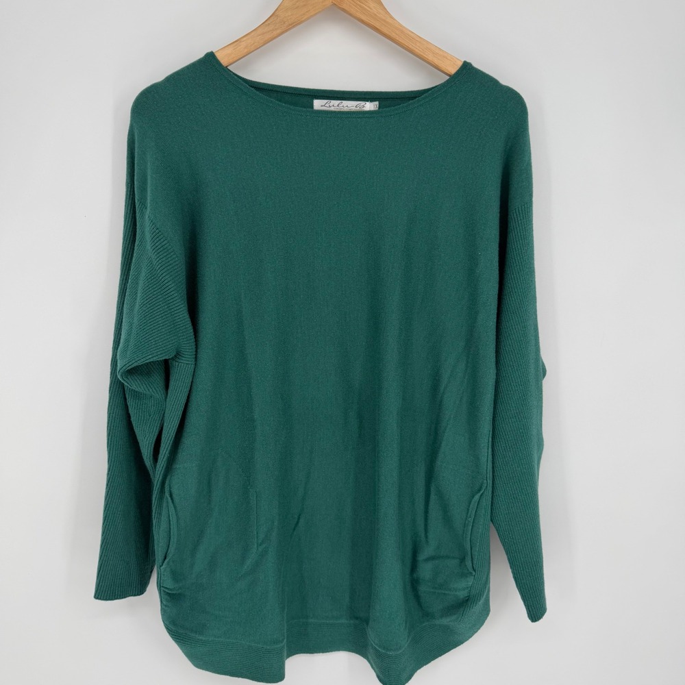 Lulu-B Sweater Women's Forest Green Boat Neck Pocket  Knit Top 1X Relaxed Fit